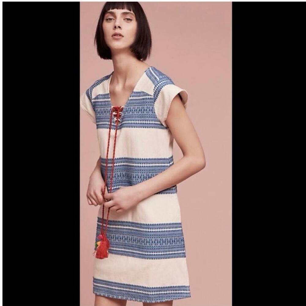 Anthropologie Kopal Womens Shoreline Shift Mini Dress Cotton Canvas Embroidery L